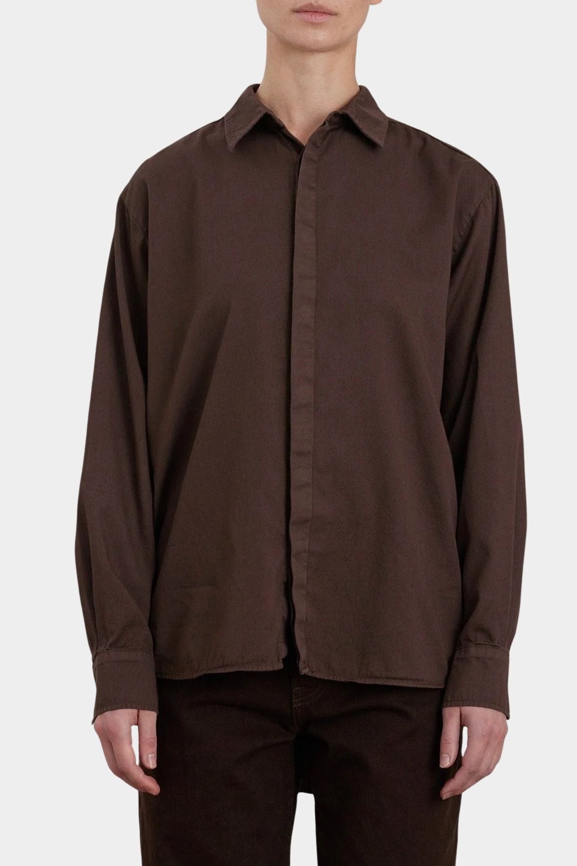 Black Crane Work Shirt Dk. Cacao close front view showing point collar, concealed placket and cotton twill texture