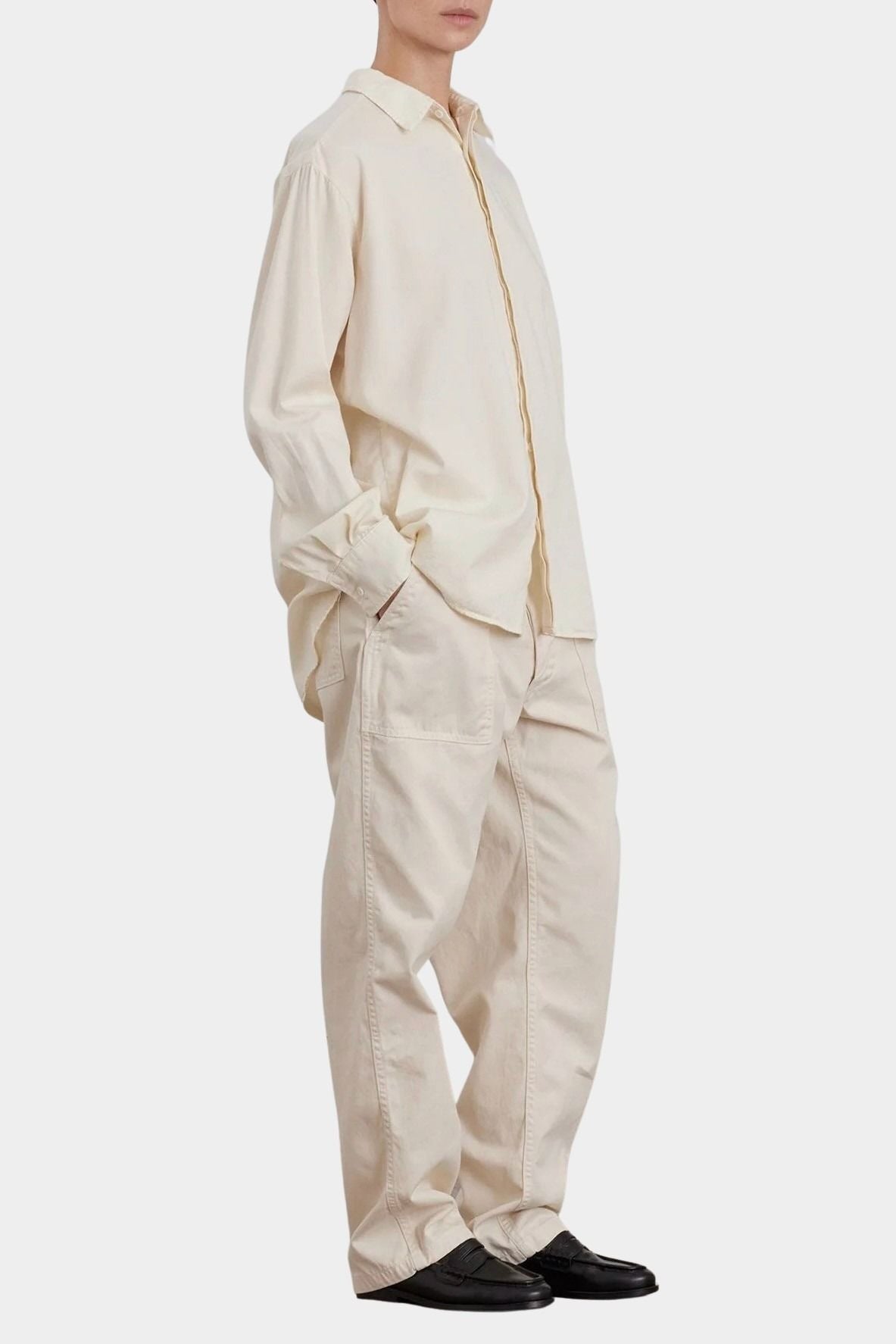 Black Crane Work Shirt Natural three quarter view styled with tonal utility pants