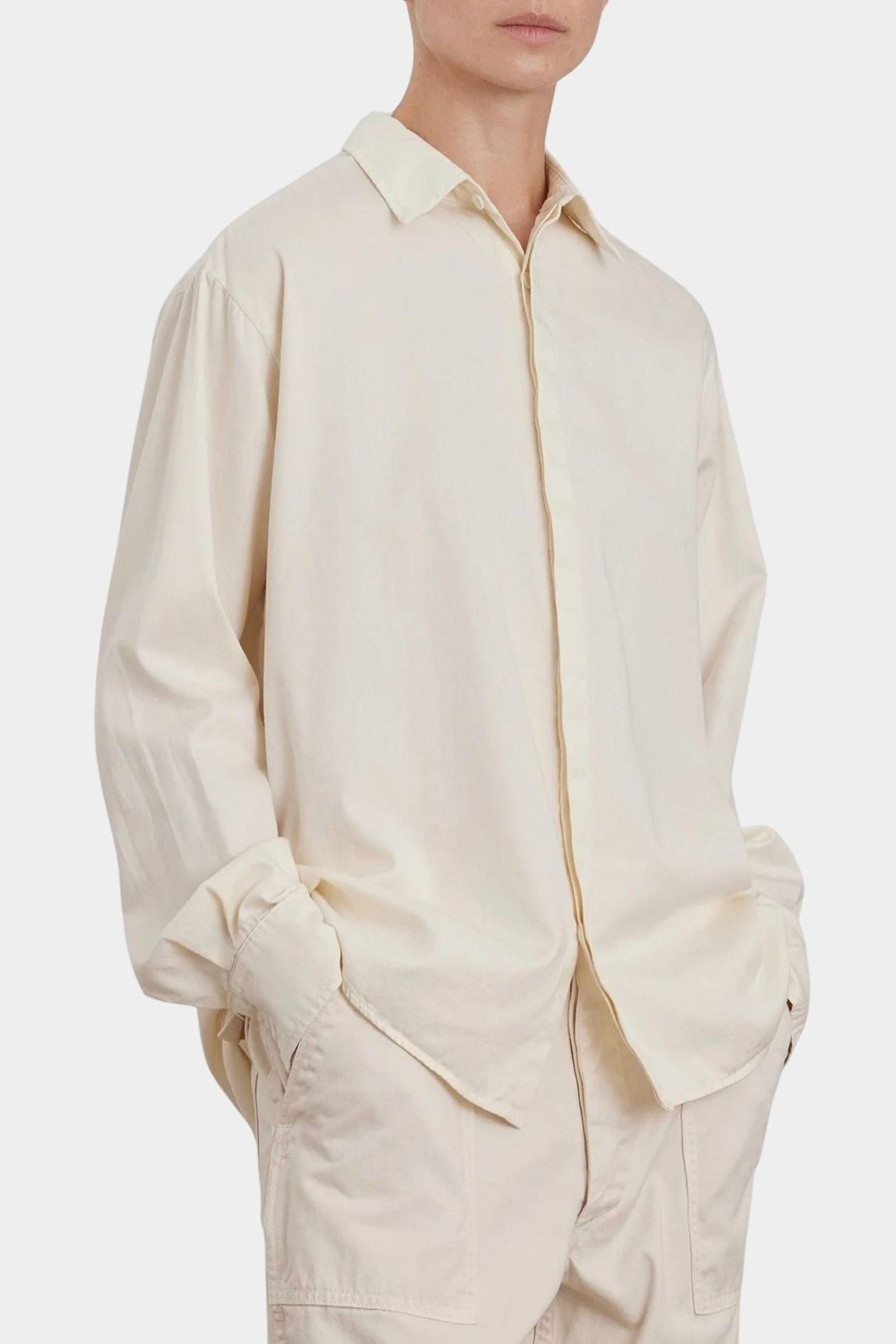 Black Crane Work Shirt Natural close front view showing relaxed fit, point collar and concealed button placket