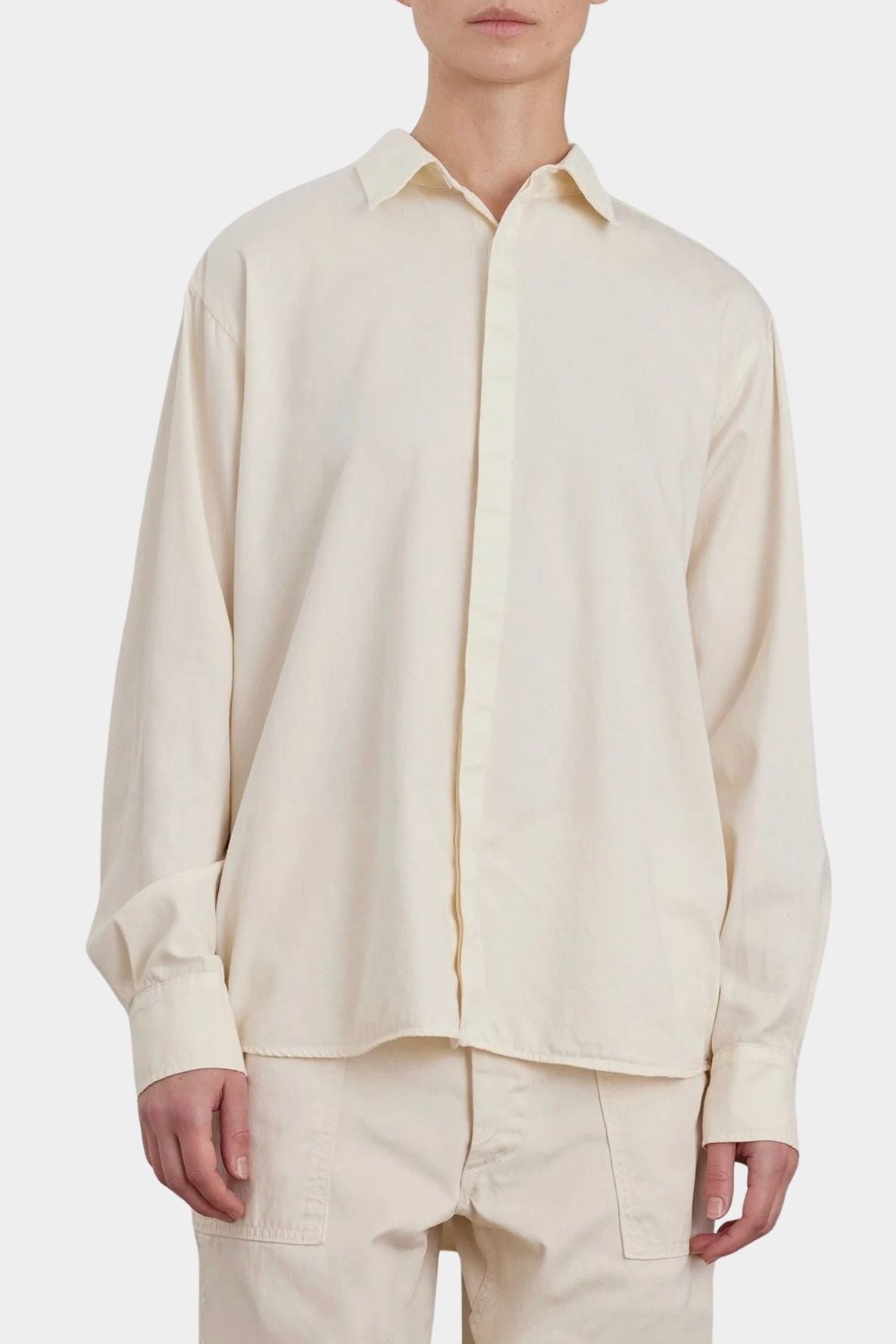 Black Crane Work Shirt Natural front view showing relaxed button down silhouette at YUCCA Denver