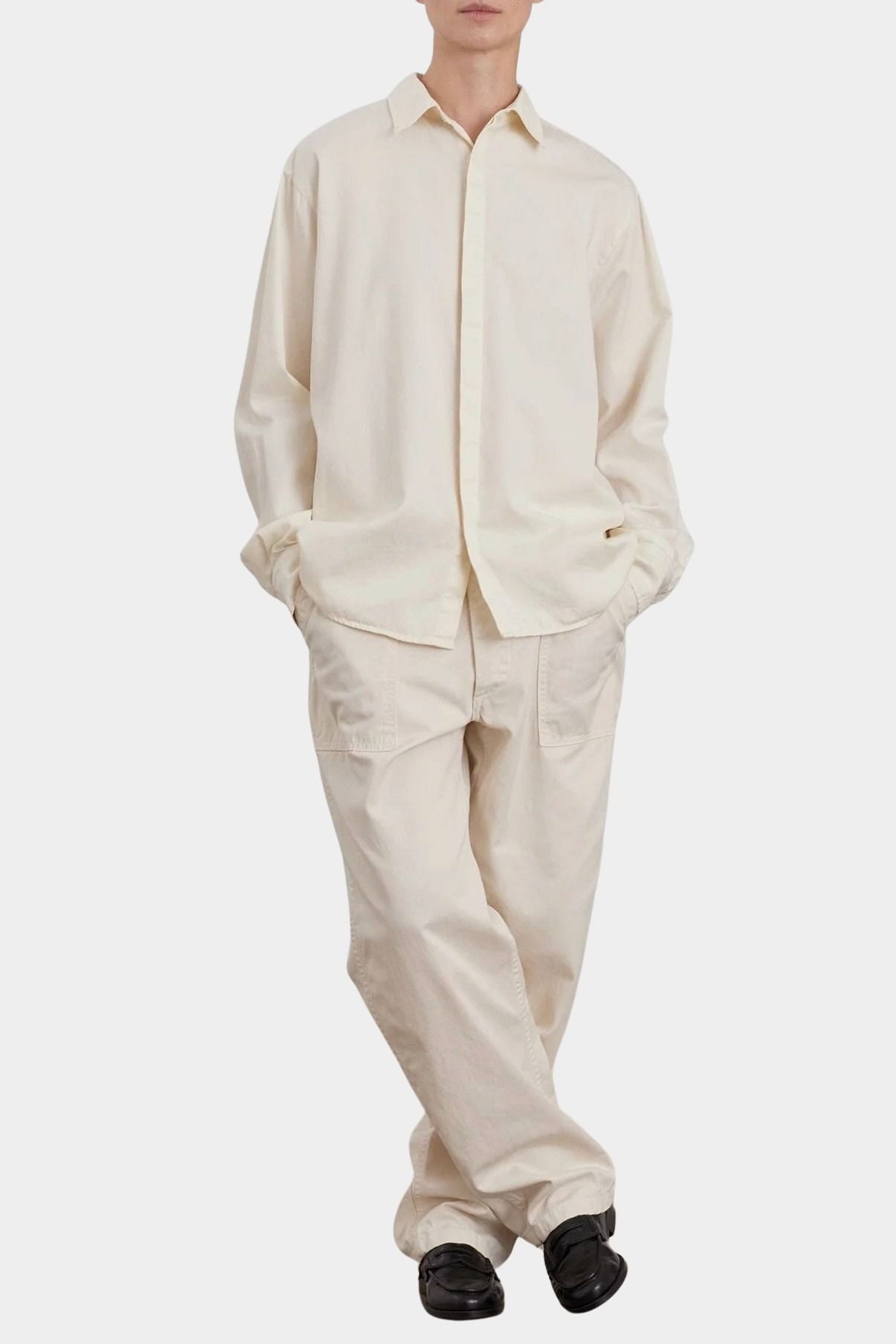 Black Crane Work Shirt Natural full length styling view with tonal pants and black loafers