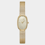Front view of BREDA Jane Tethered Small watch with gold woven bracelet and oval mother of pearl dial