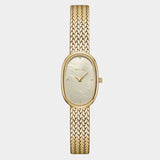 Front view of BREDA Jane Tethered Small watch with gold woven bracelet and oval mother of pearl dial
