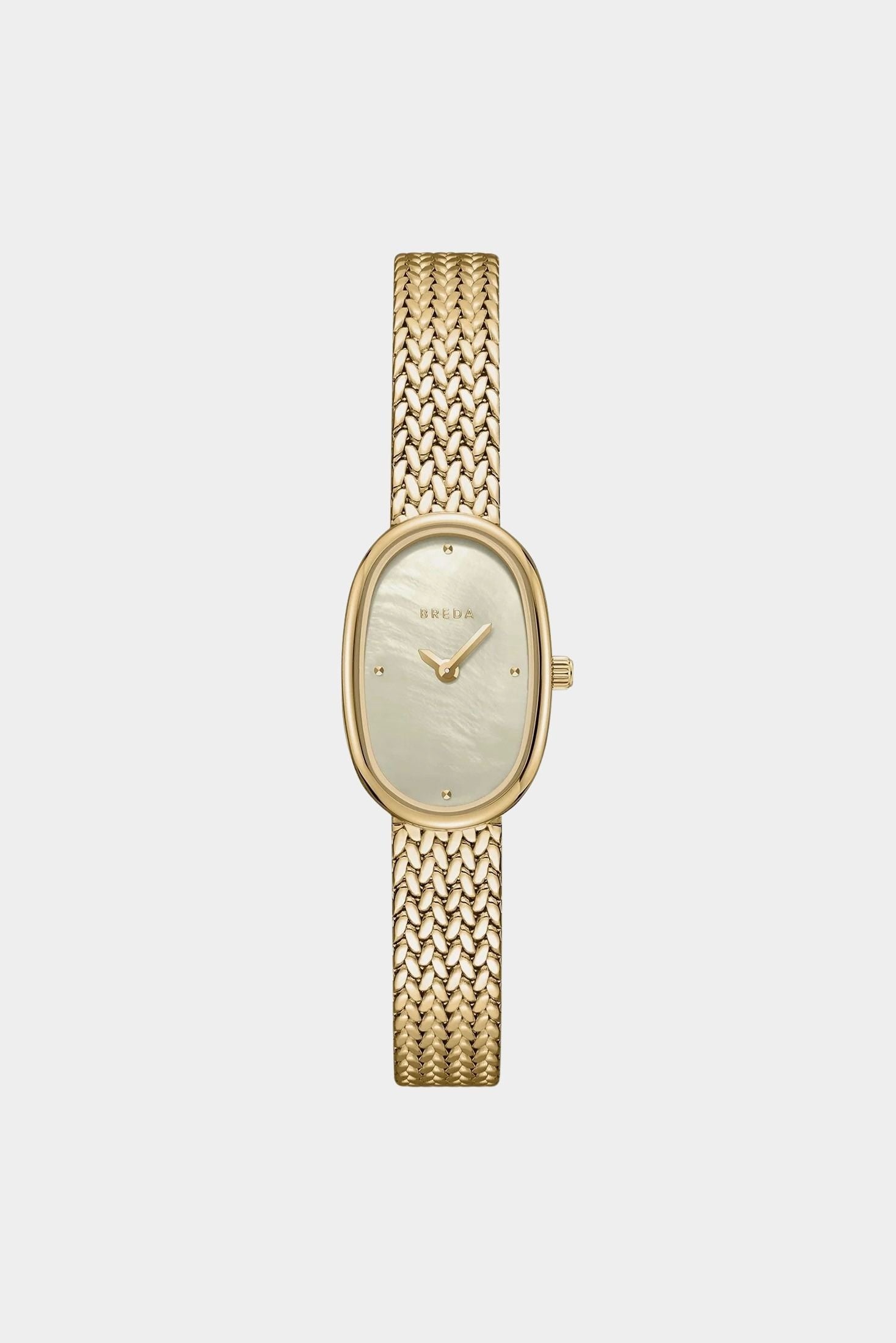 Front view of BREDA Jane Tethered Small watch with gold woven bracelet and oval mother of pearl dial