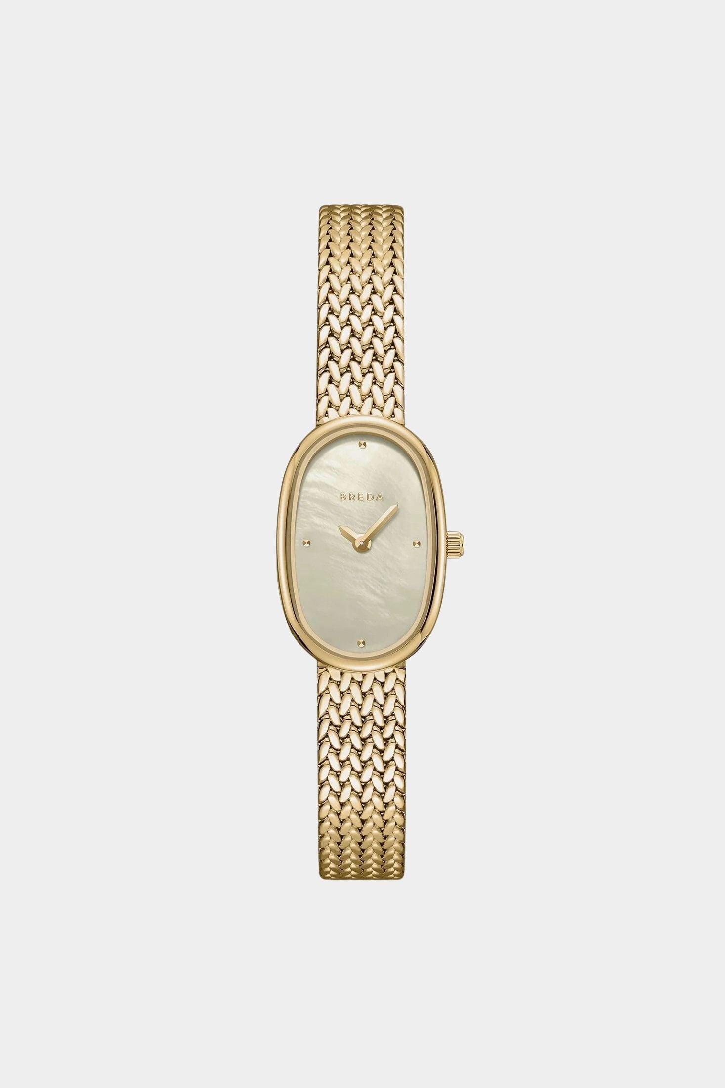Front view of BREDA Jane Tethered Small watch with gold woven bracelet and oval mother of pearl dial