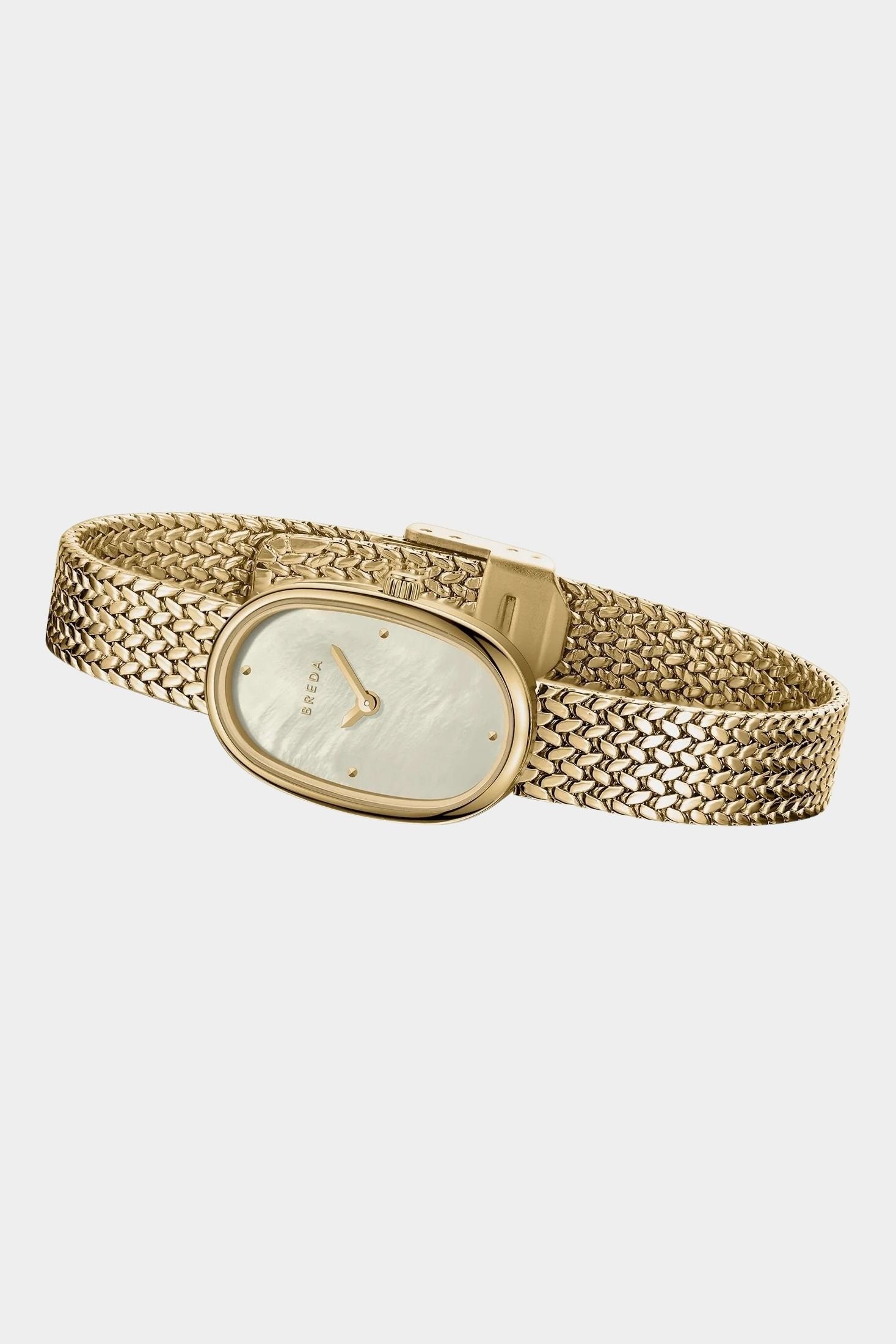 Angled side view of BREDA Jane Tethered gold watch showing oval case, textured bracelet and clasp