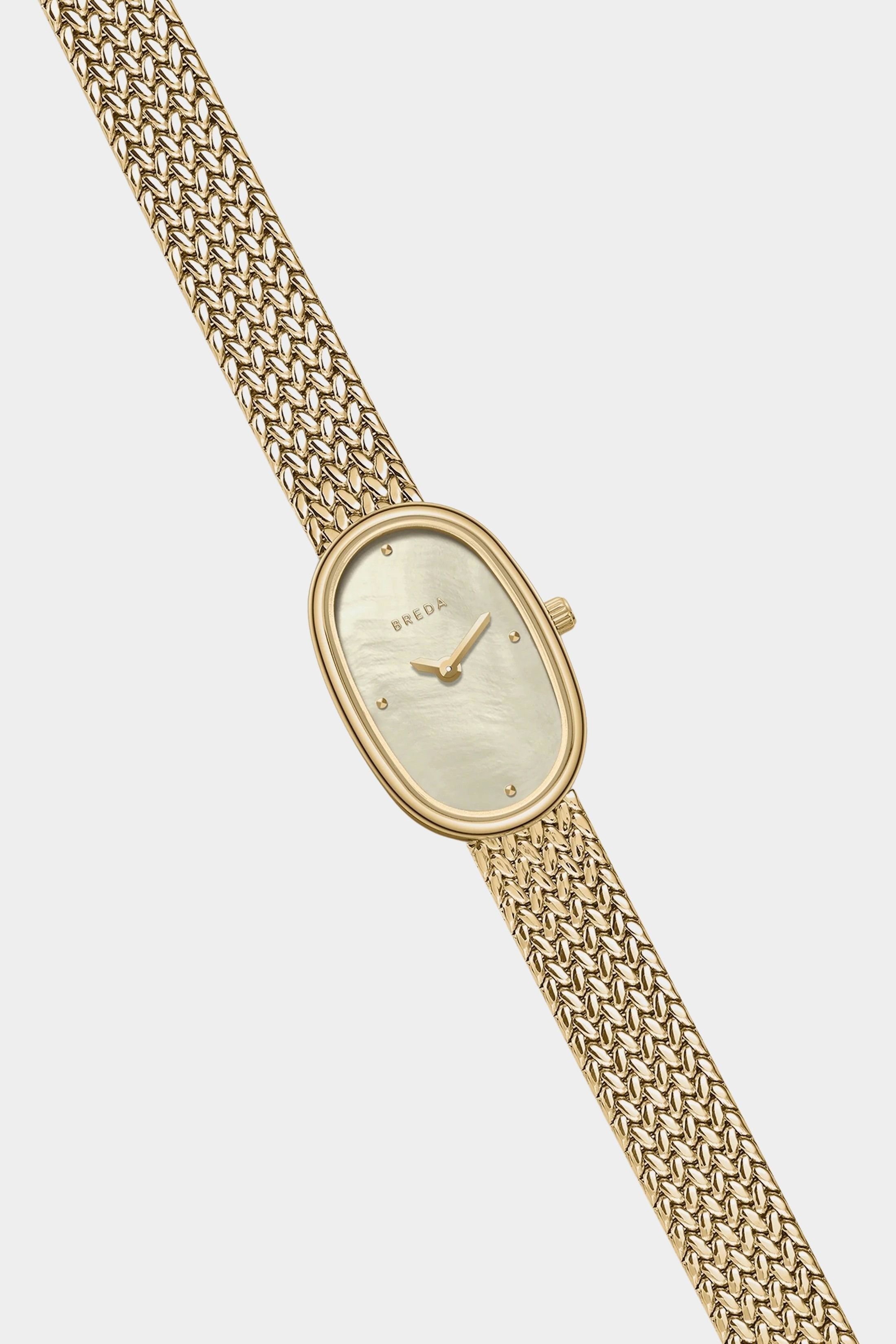 BREDA Jane Tethered Small 18mm gold watch with champagne mother of pearl dial and woven bracelet at YUCCA Denver
