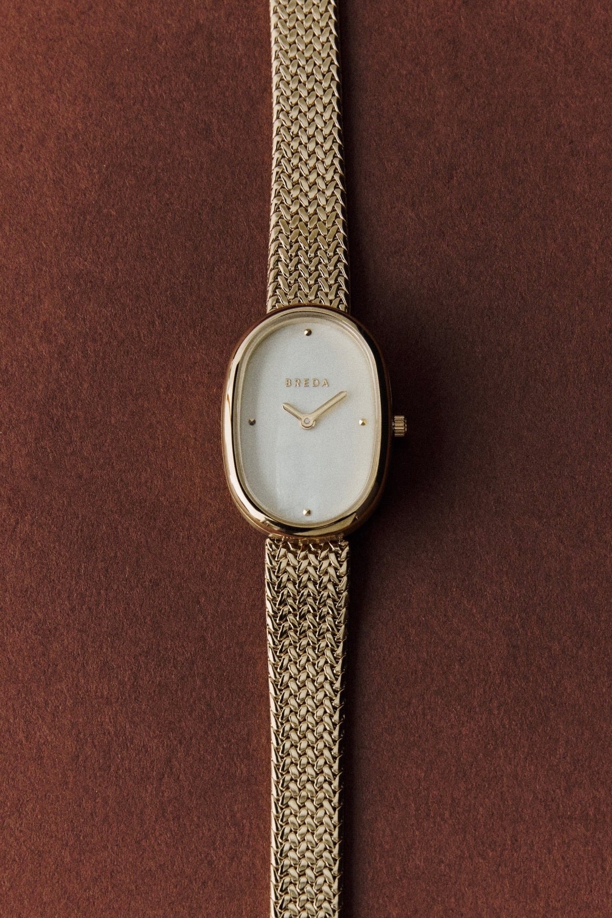 BREDA Jane Tethered 23mm gold watch with textured bracelet photographed against a rich brown background