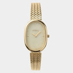 Front view of BREDA Jane Tethered 23mm watch featuring a champagne mother of pearl dial and gold bracelet