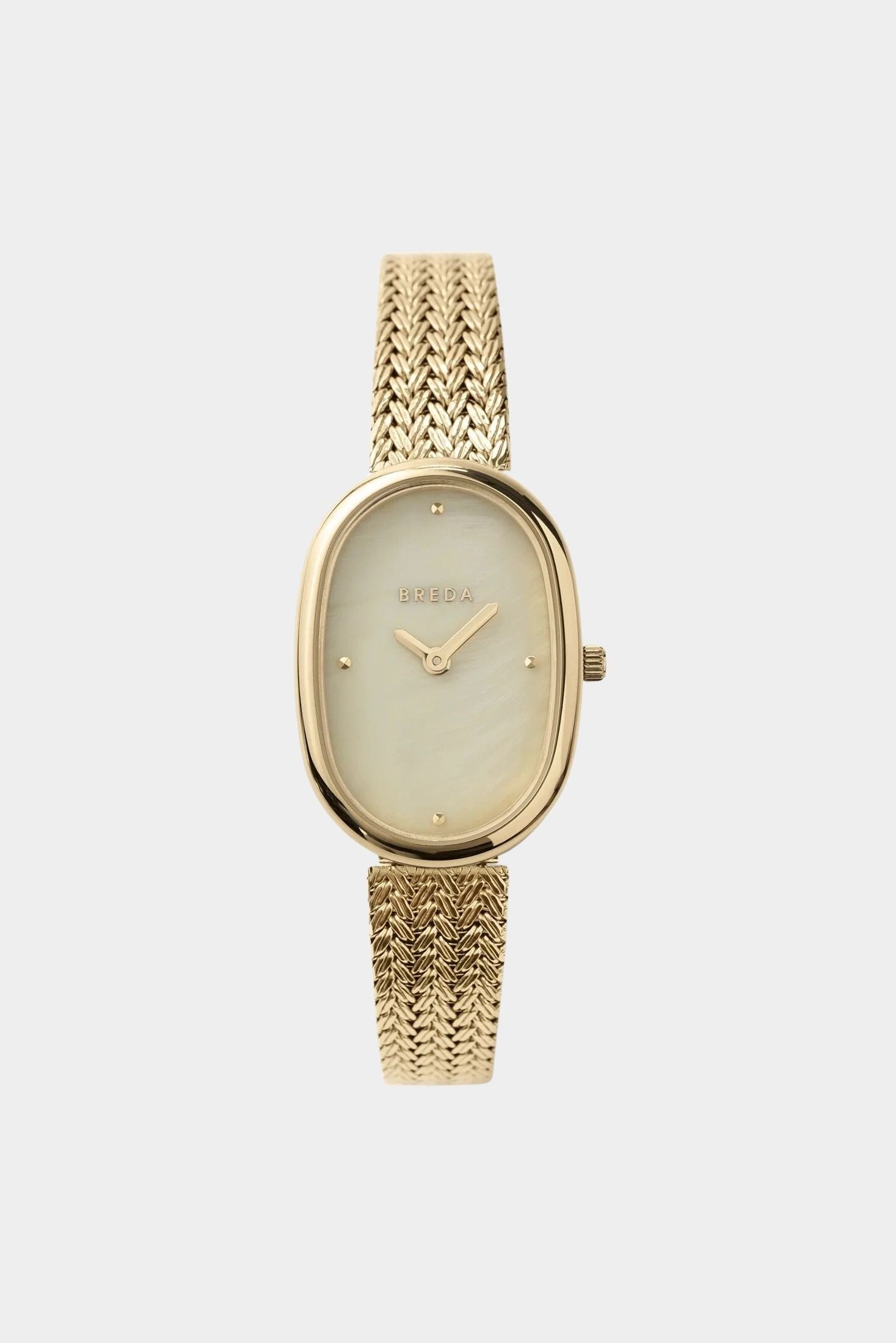 Front view of BREDA Jane Tethered 23mm watch featuring a champagne mother of pearl dial and gold bracelet