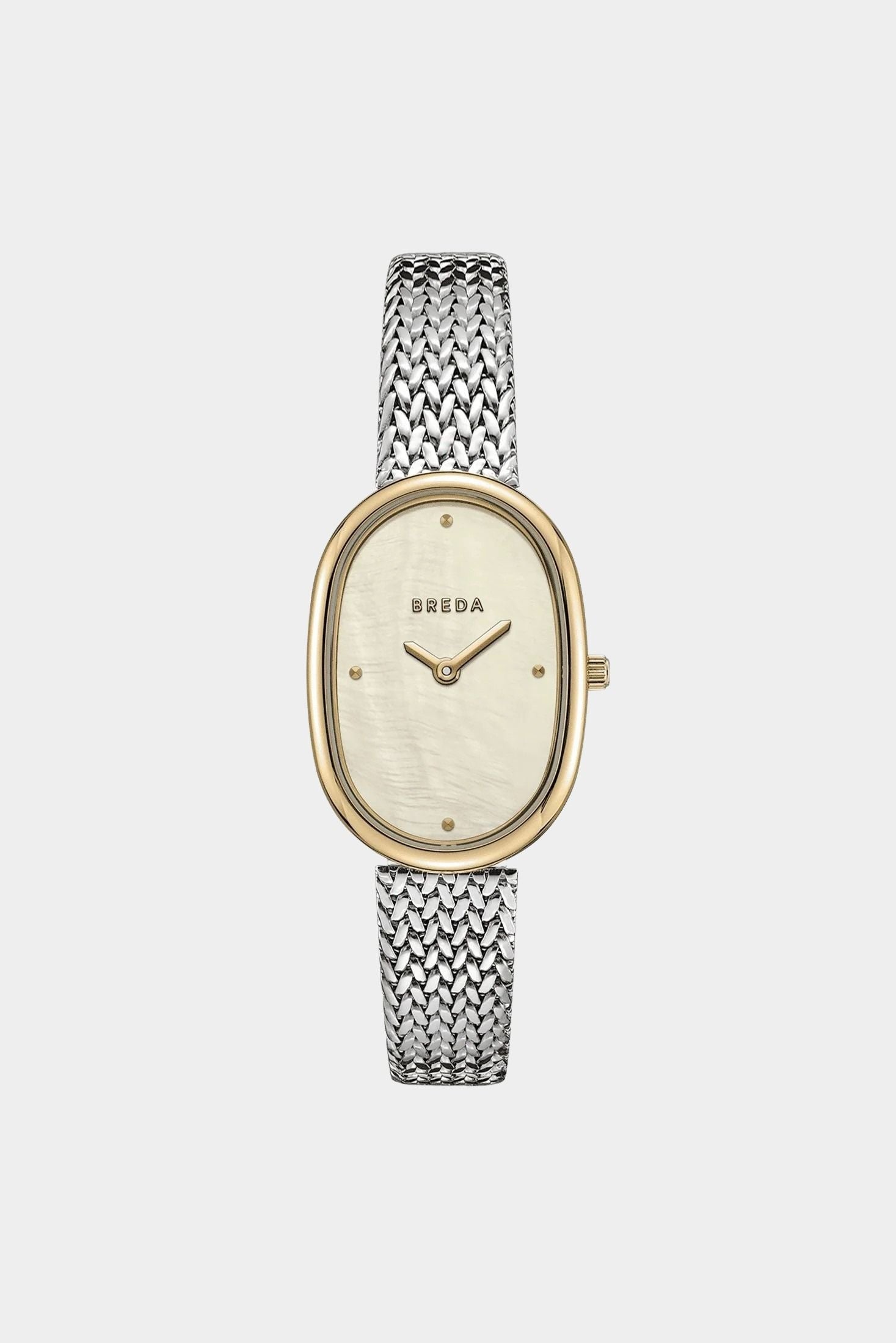 .
Front view of BREDA Jane Tethered watch with champagne mother of pearl dial and two tone metal desig