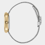 Side profile of BREDA Jane Tethered watch showing gold case, crown and adjustable silver bracelet clasp