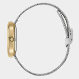 Side profile of BREDA Jane Tethered watch showing gold case, crown and adjustable silver bracelet clasp
