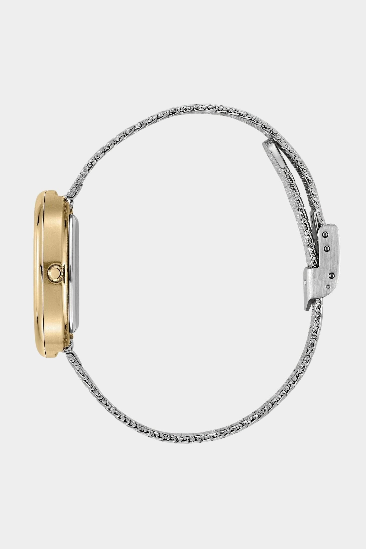 Side profile of BREDA Jane Tethered watch showing gold case, crown and adjustable silver bracelet clasp
