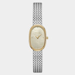 Front view of BREDA Jane Tethered Small 18mm watch with gold oval case, champagne dial and silver mesh bracelet