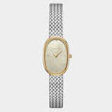 Front view of BREDA Jane Tethered Small 18mm watch with gold oval case, champagne dial and silver mesh bracelet