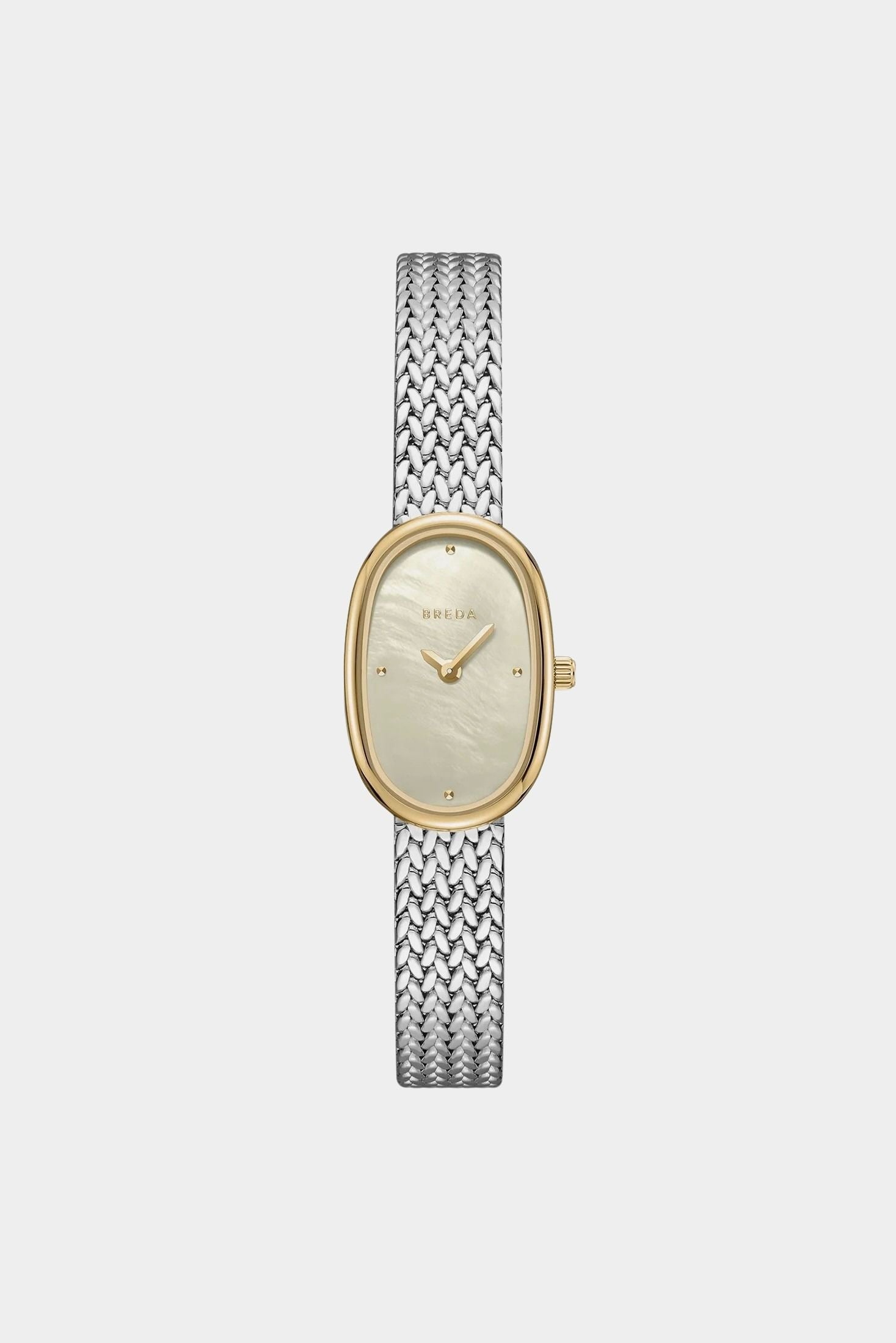Front view of BREDA Jane Tethered Small 18mm watch with gold oval case, champagne dial and silver mesh bracelet
