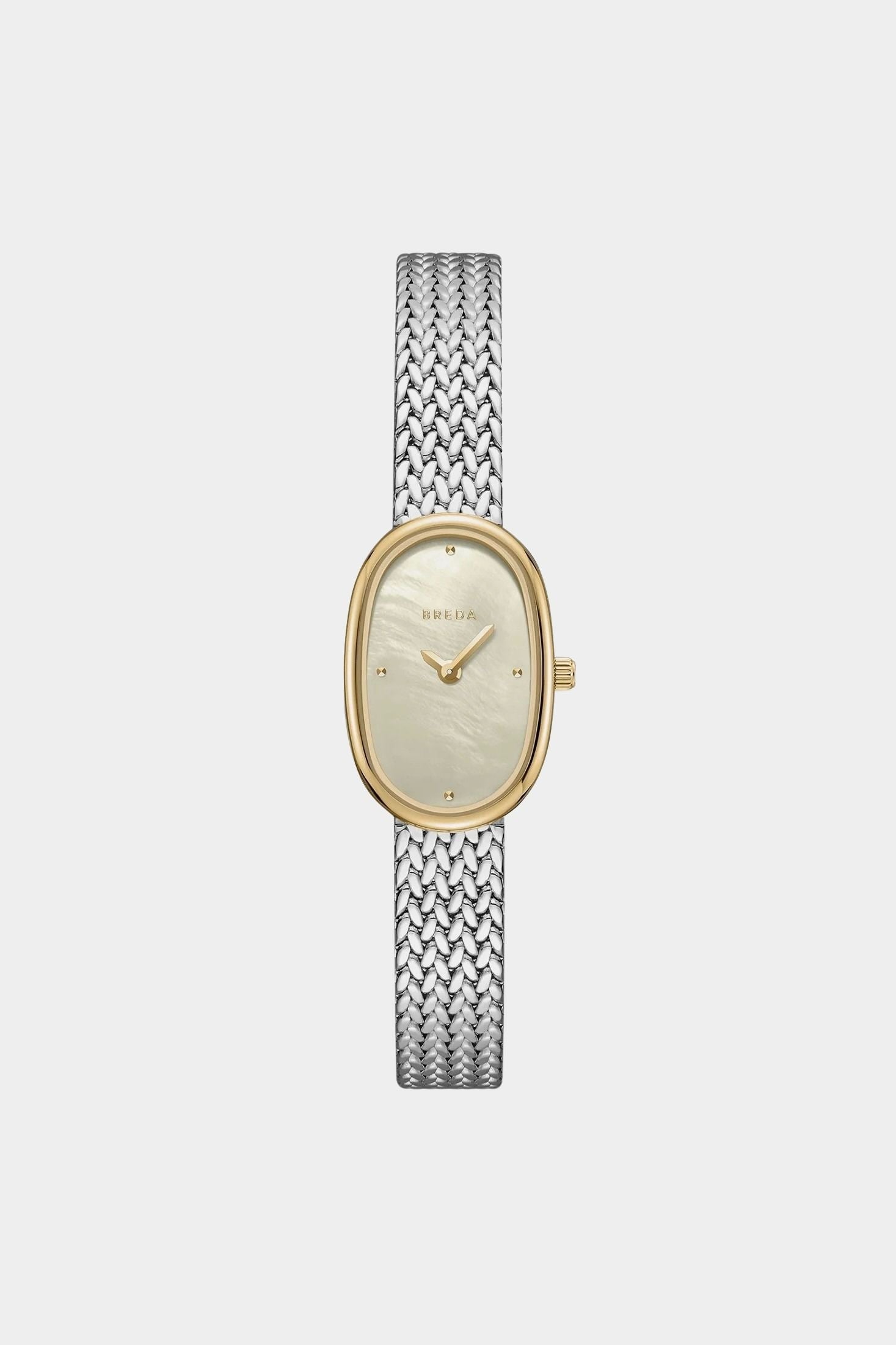 Front view of BREDA Jane Tethered Small 18mm watch with gold oval case, champagne dial and silver mesh bracelet