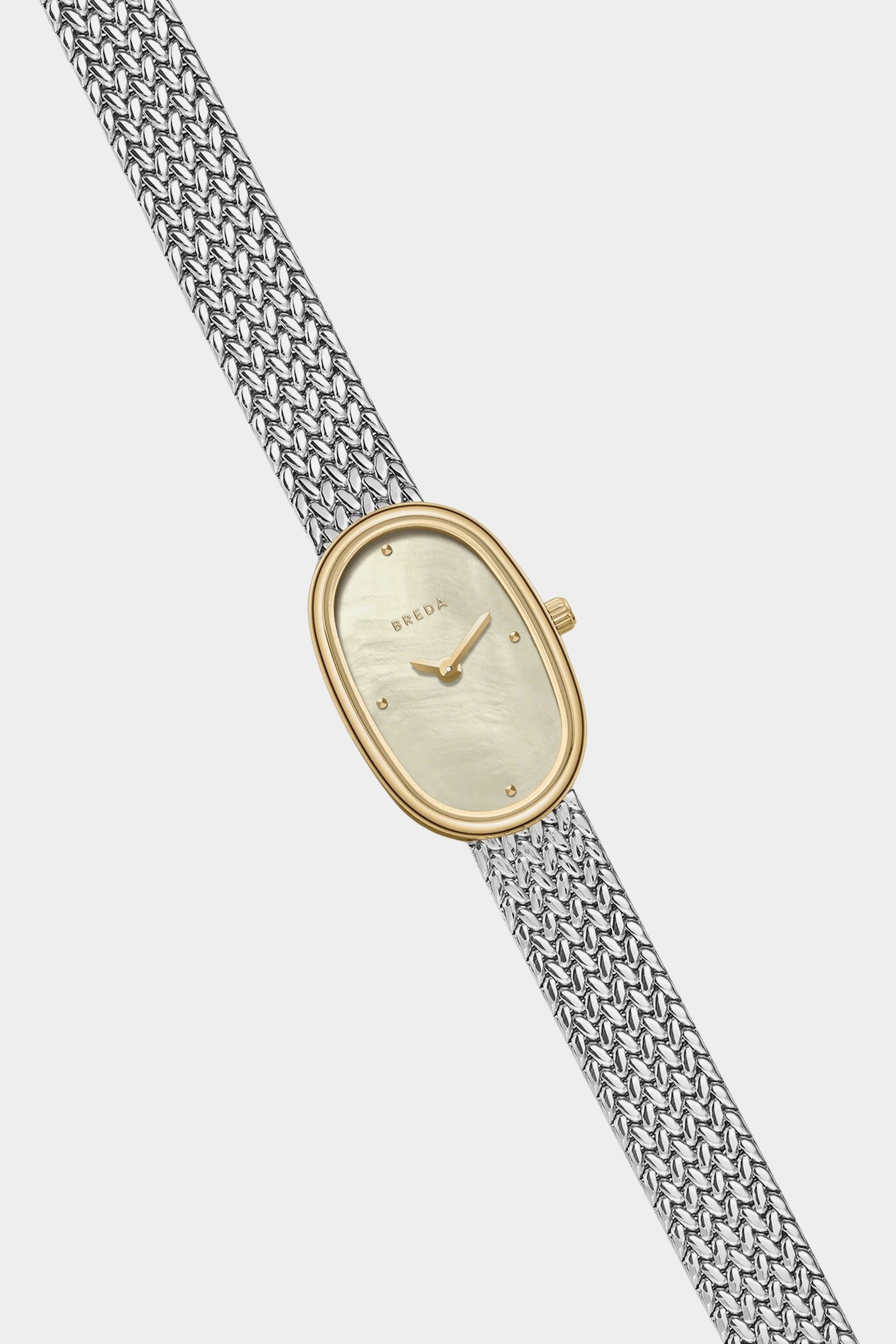 BREDA Jane Tethered Small gold and silver watch with champagne mother of pearl dial and woven bracelet at YUCCA Denver
