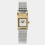 Front view of BREDA Revel watch featuring a gold rectangular case, white dial and silver link bracel