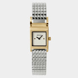 Front view of BREDA Revel watch featuring a gold rectangular case, white dial and silver link bracel