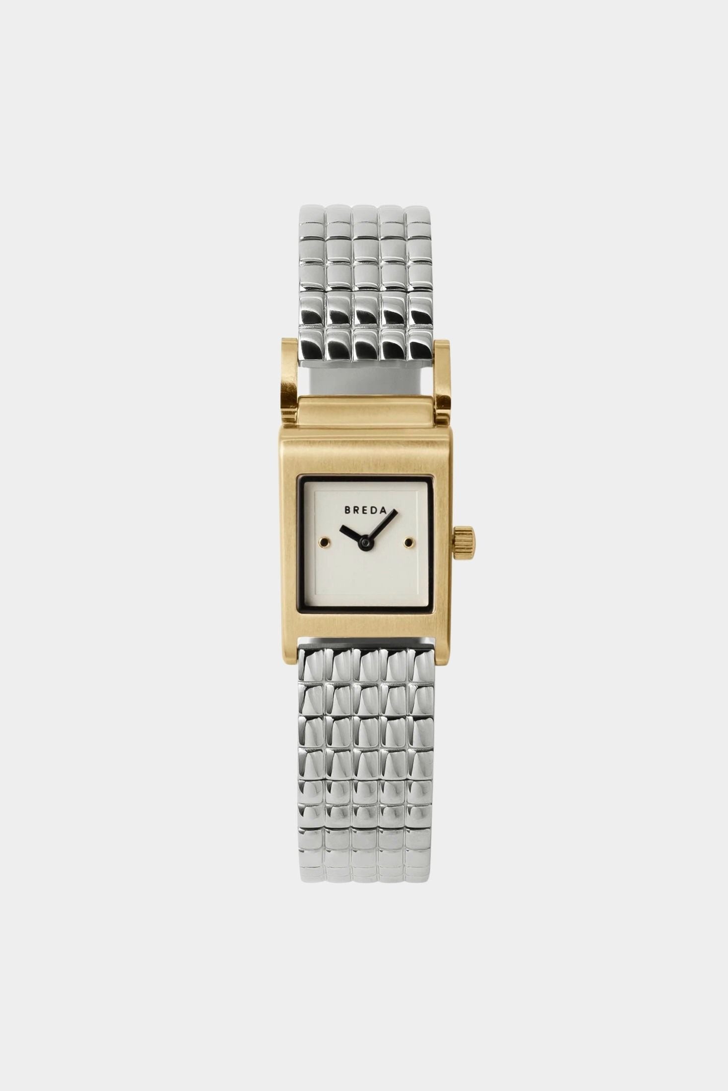 Front view of BREDA Revel watch featuring a gold rectangular case, white dial and silver link bracel