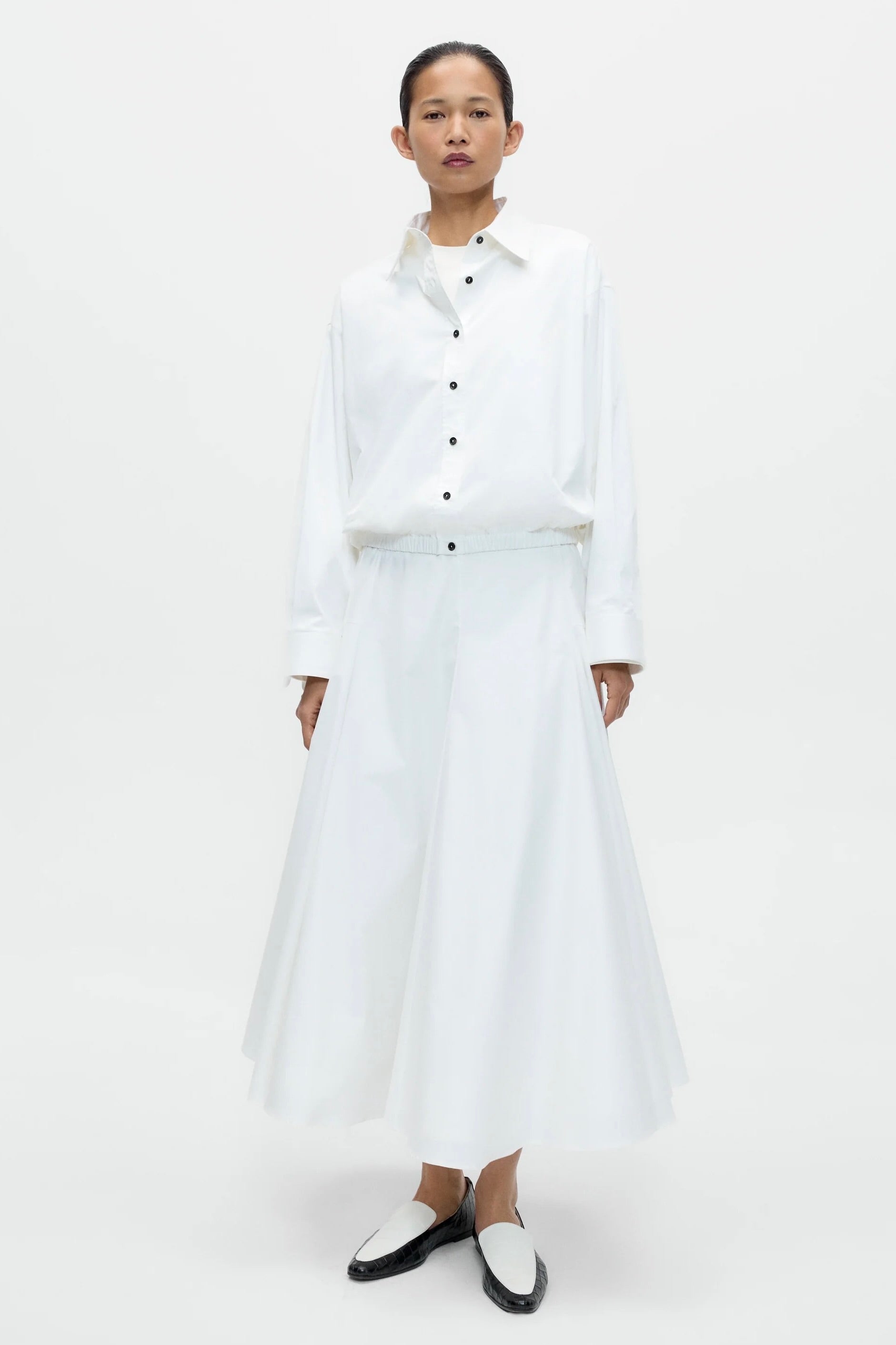 Cordera Bomber Shirt White oversized cotton bomber shirt full-length view