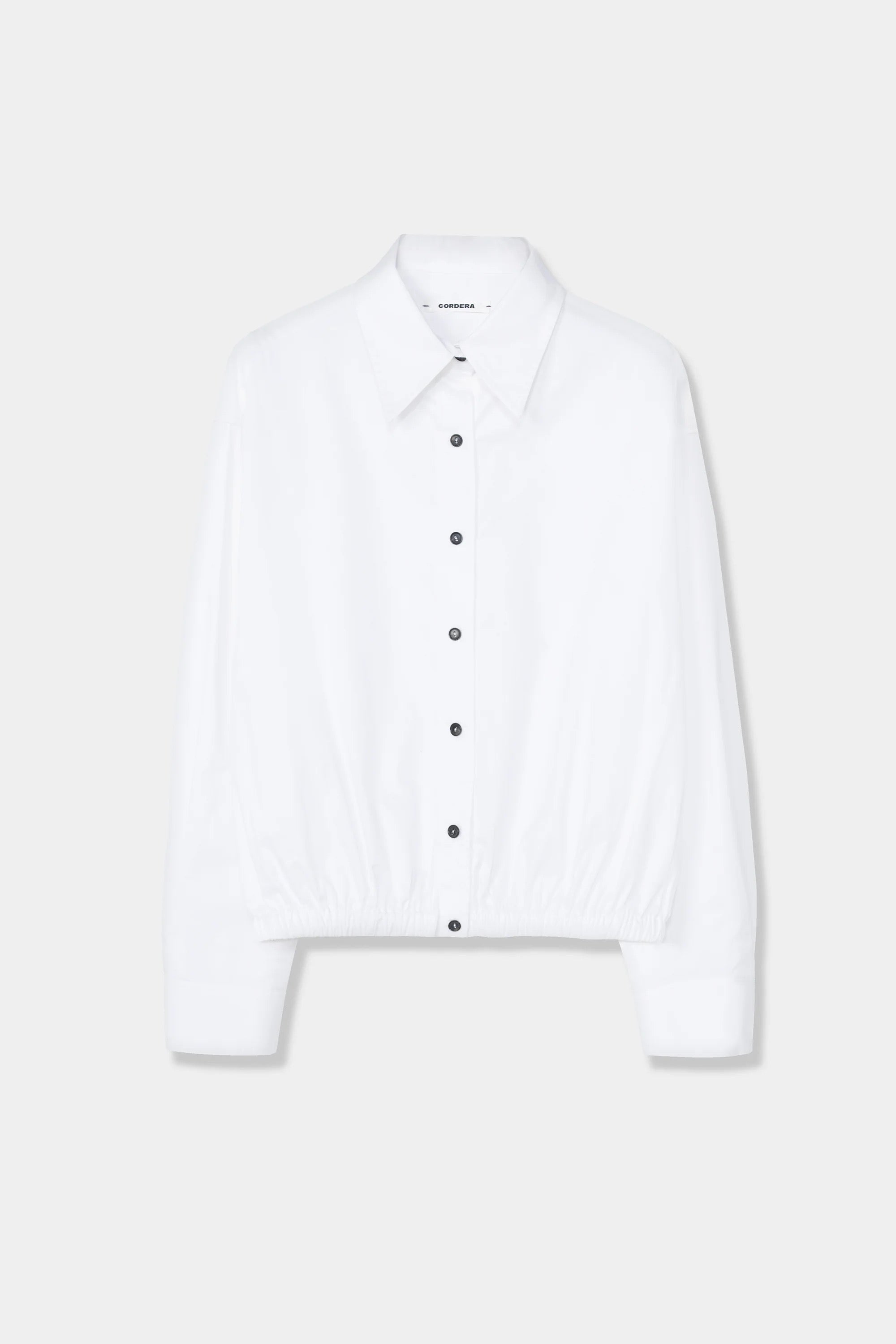 Cordera Bomber Shirt White cotton bomber shirt hanging display