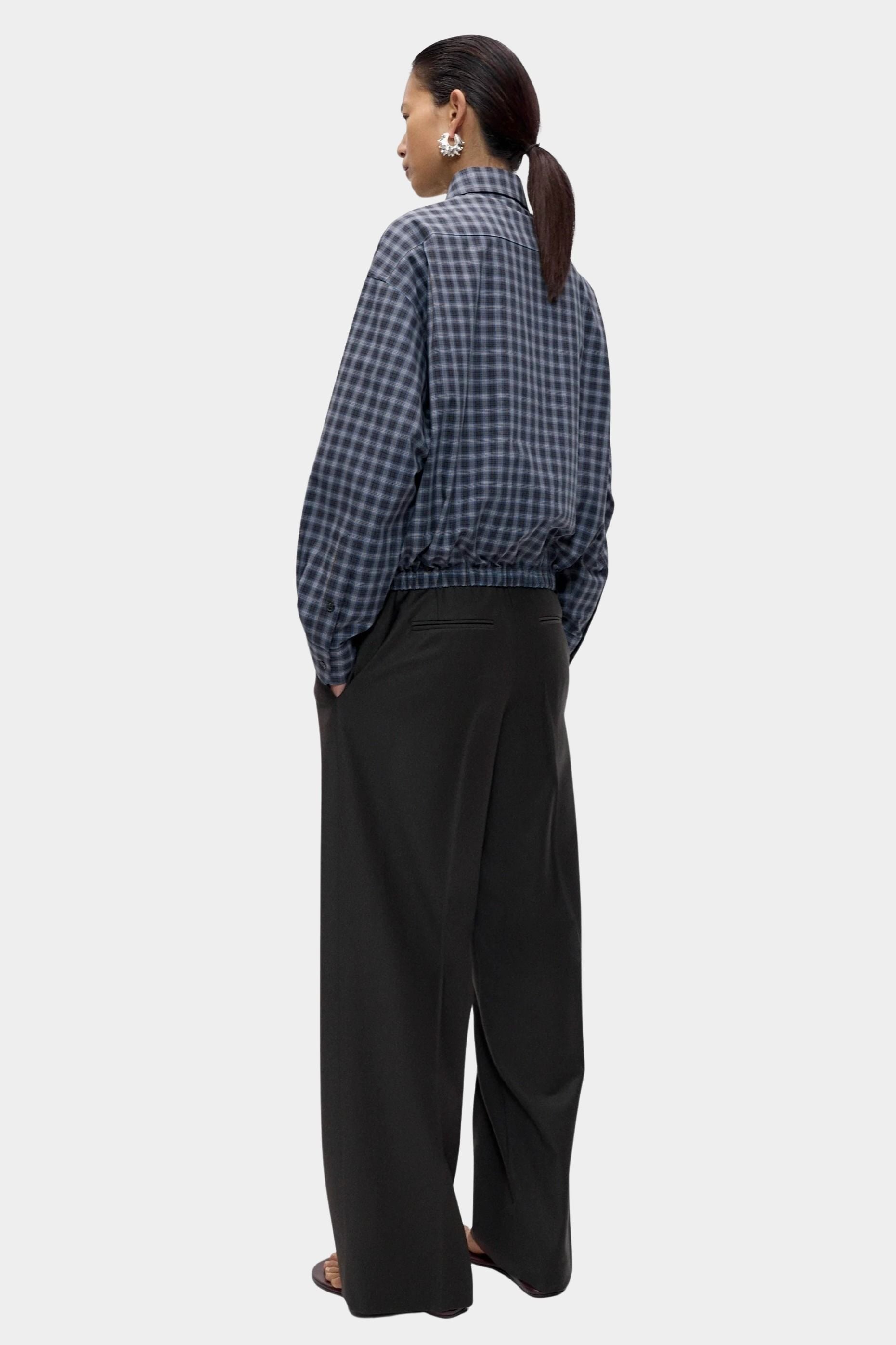 Cordera Checked Bomber Shirt Navy Orange oversized cotton bomber shirt side view