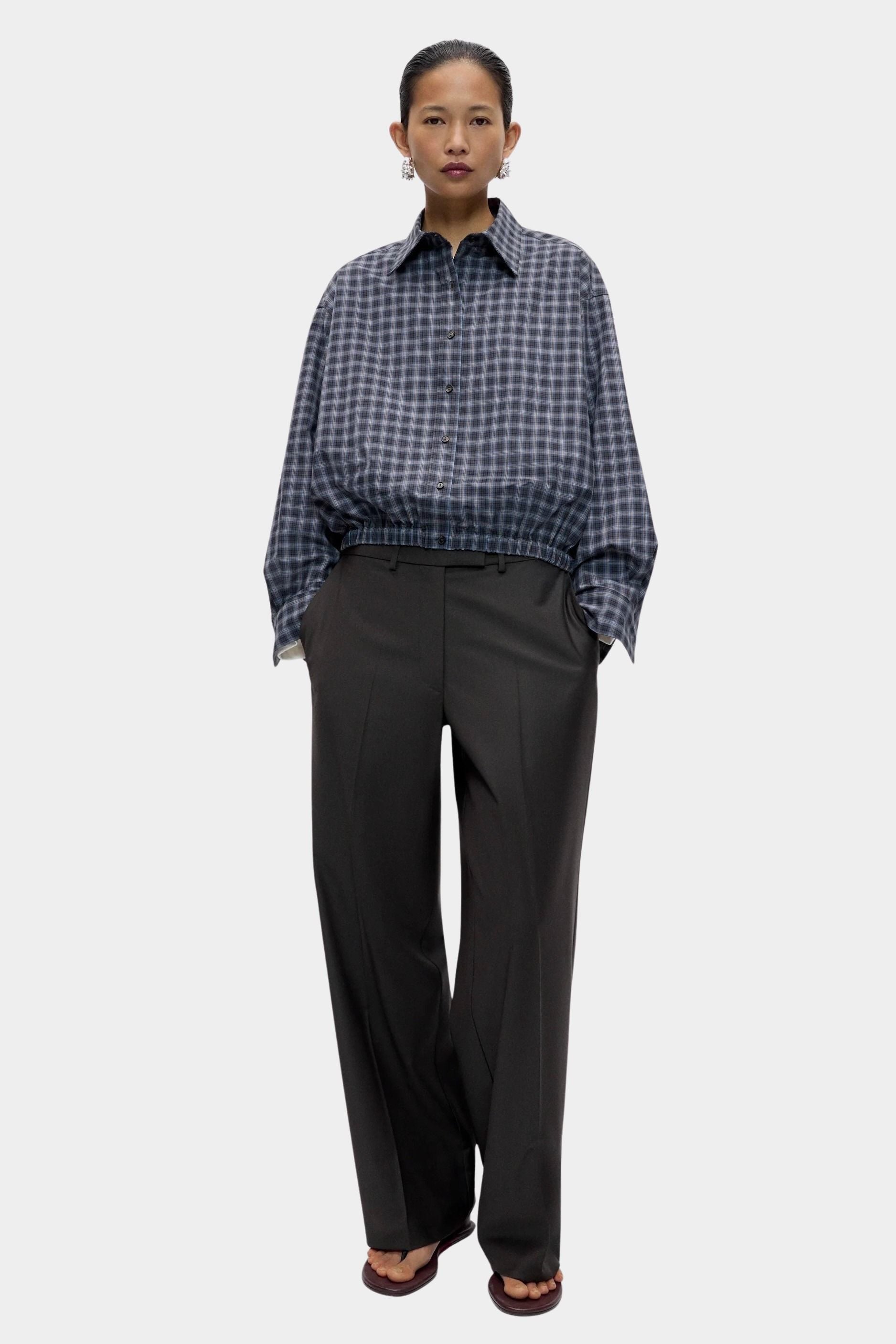 Cordera Checked Bomber Shirt Navy Orange oversized cotton bomber shirt full-length outfit