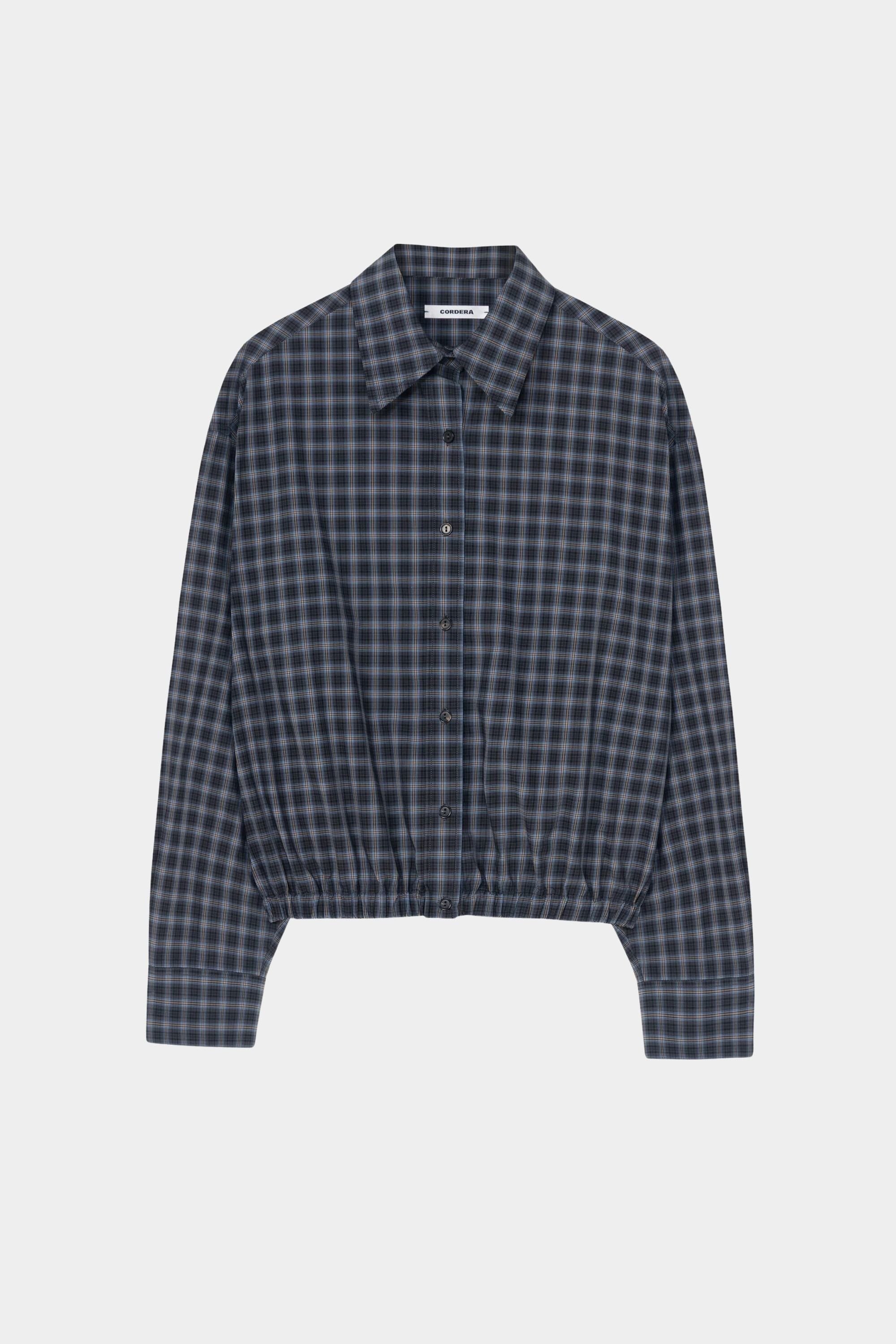 Cordera Checked Bomber Shirt Navy Orange oversized cotton bomber shirt hanging