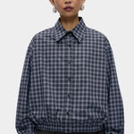 Cordera Checked Bomber Shirt Navy Orange oversized cotton bomber shirt at YUCCA Denver