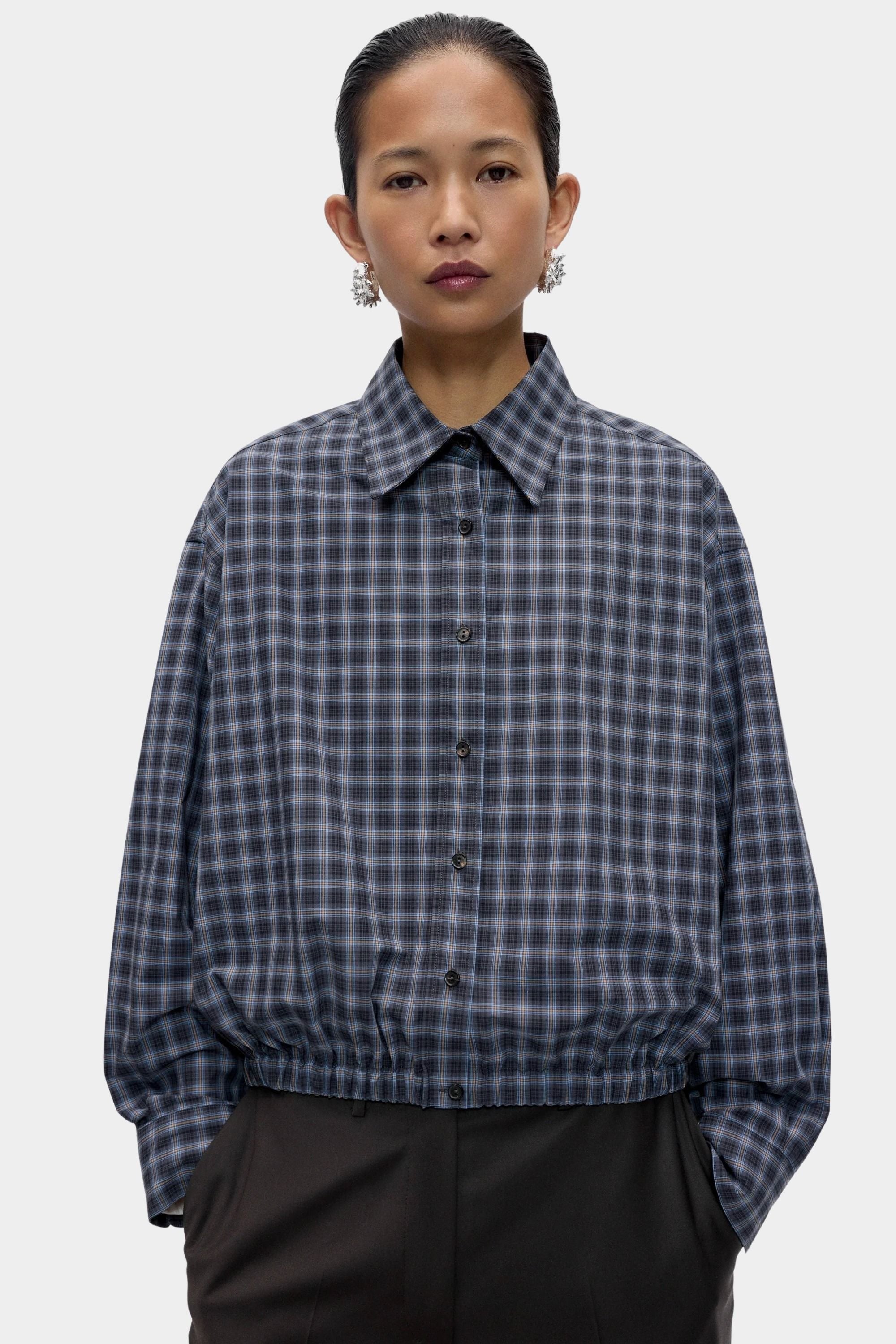 Cordera Checked Bomber Shirt Navy Orange oversized cotton bomber shirt at YUCCA Denver