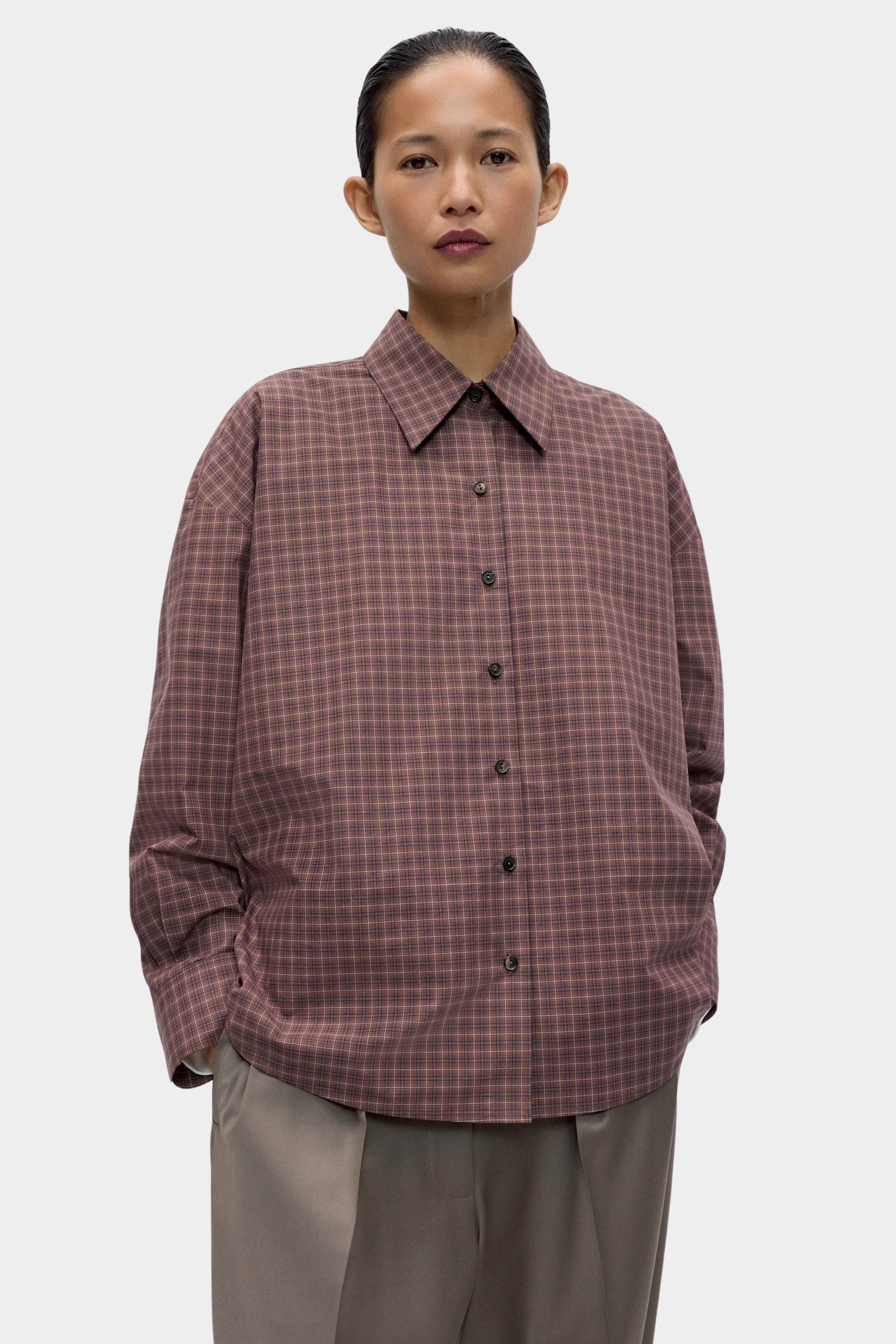 Cordera Checked Oversized Shirt Brown Navy oversized cotton shirt at YUCCA Denver