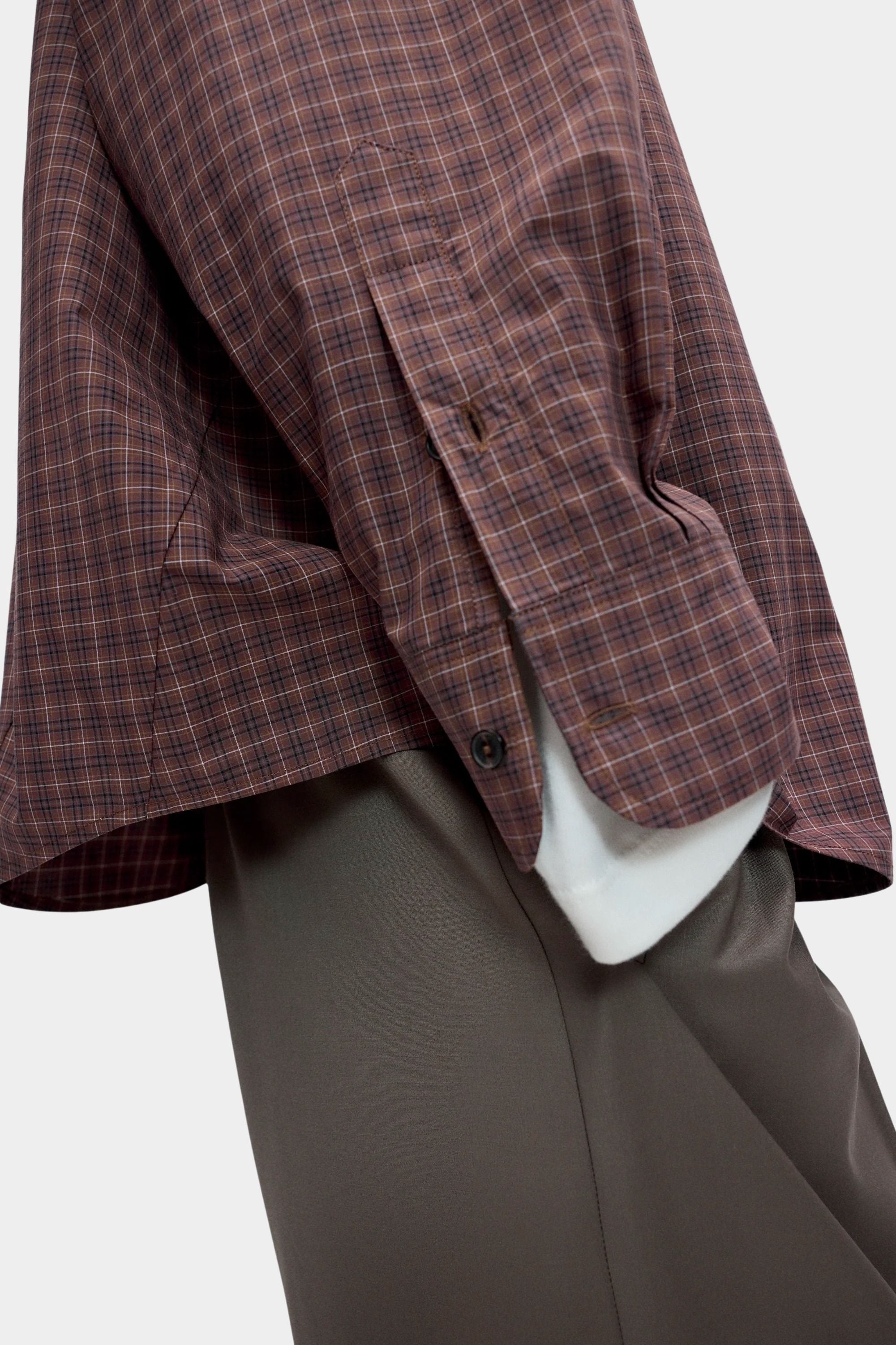 Cordera Checked Oversized Shirt Brown Navy sleeve and hem detail