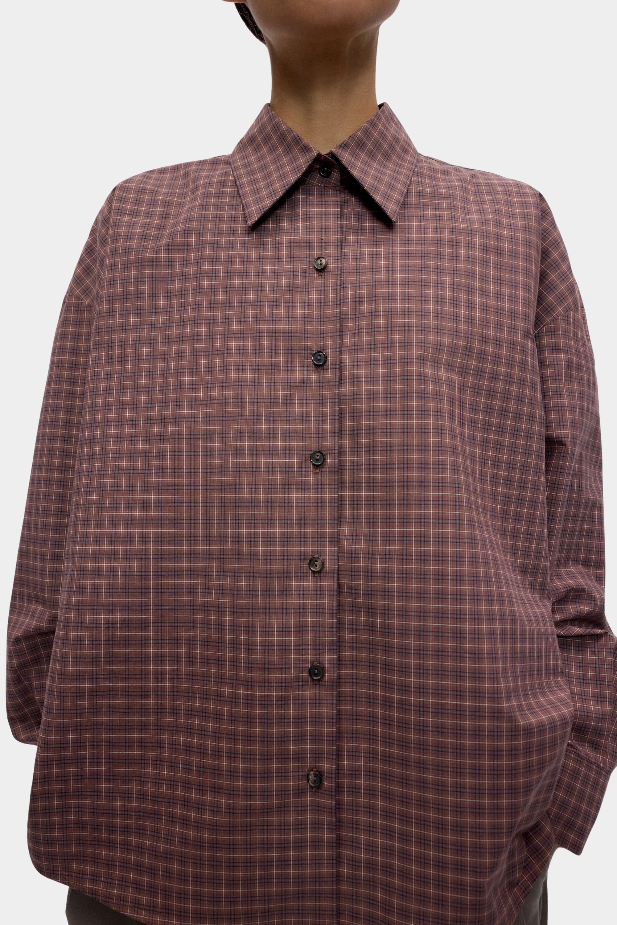Cordera Checked Oversized Shirt Brown Navy collar and button detail