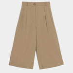 Camel cotton capri pants with pleats, button closure, and wide cropped leg