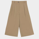 Camel cotton capri pants with pleats, button closure, and wide cropped leg