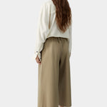 Camel cotton capri pants with relaxed wide leg and elastic back waist