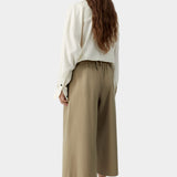 Camel cotton capri pants with relaxed wide leg and elastic back waist