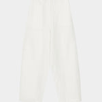 White cotton linen curved leg pants with front closure, belt loops, and softly structured silhouette