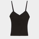 Brown ribbed knit tank top with fine rib texture and scalloped edge