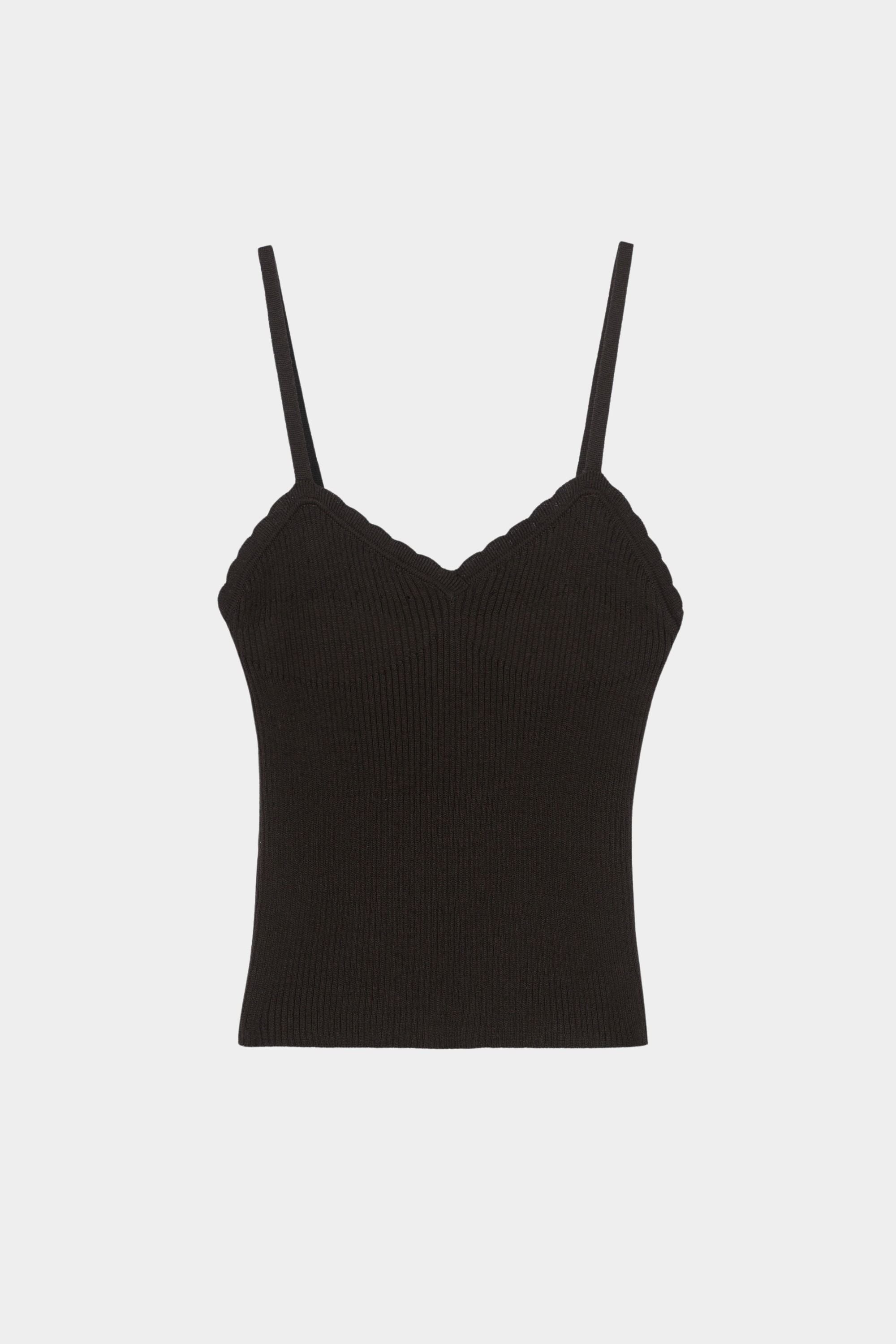 Brown ribbed knit tank top with fine rib texture and scalloped edge