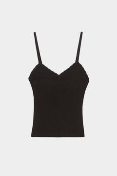 Brown ribbed knit tank top with fine rib texture and scalloped edge