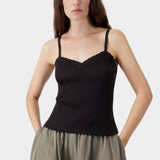 Brown ribbed knit tank top with thin straps and scalloped neckline
