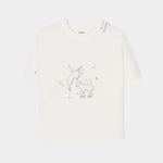 White cotton t-shirt with embroidered lamb graphic, crew neckline, and relaxed silhouette