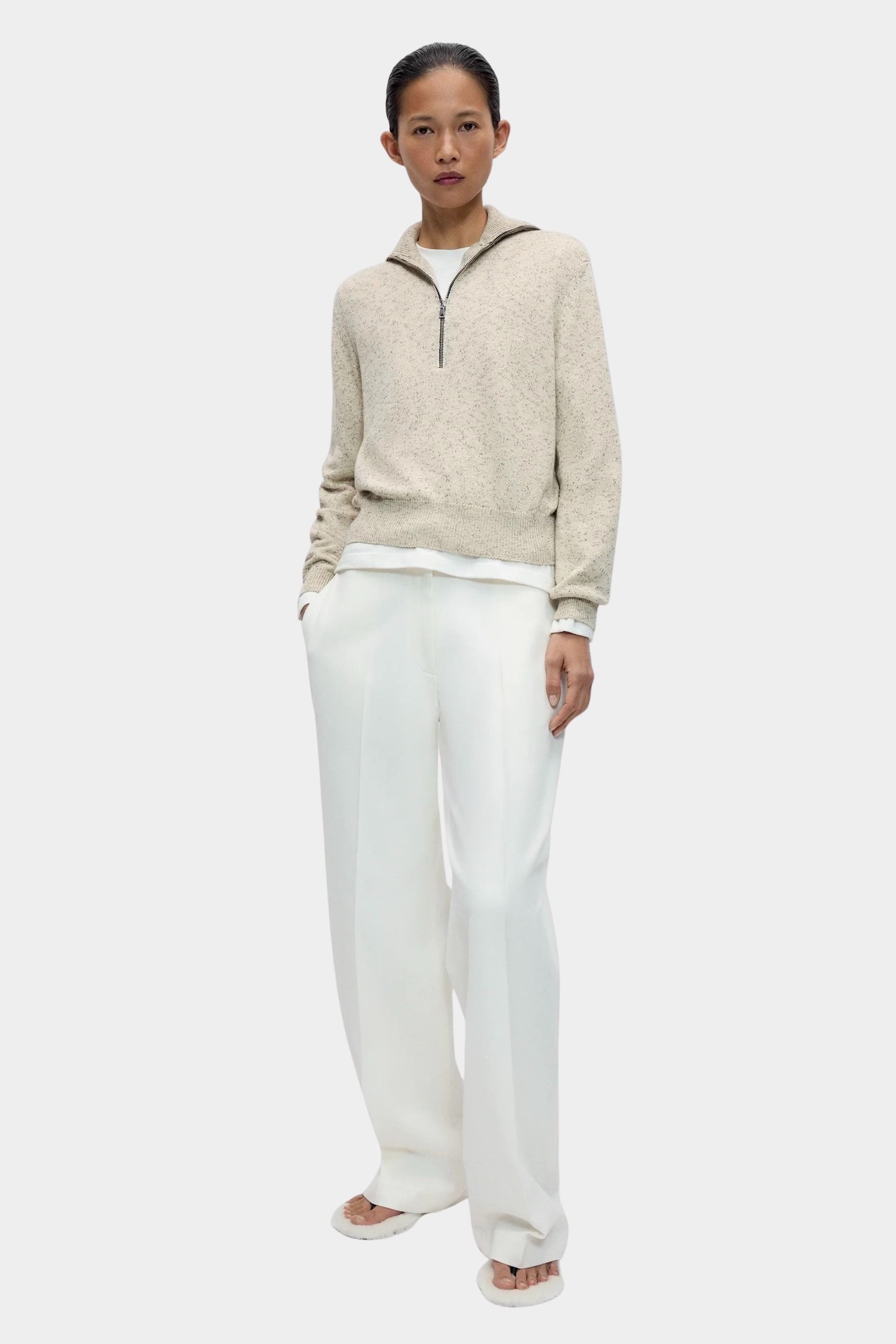 Cordera Flecked Cotton Zip-Up Sweater full-length outfit view