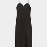 Black heart-shaped midi dress with thin straps, structured bust, and lightly textured fabric