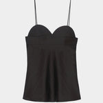 Black heart-shaped camisole top with thin straps, structured bust, and lightly textured fabric