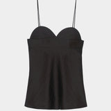 Black heart-shaped camisole top with thin straps, structured bust, and lightly textured fabric
